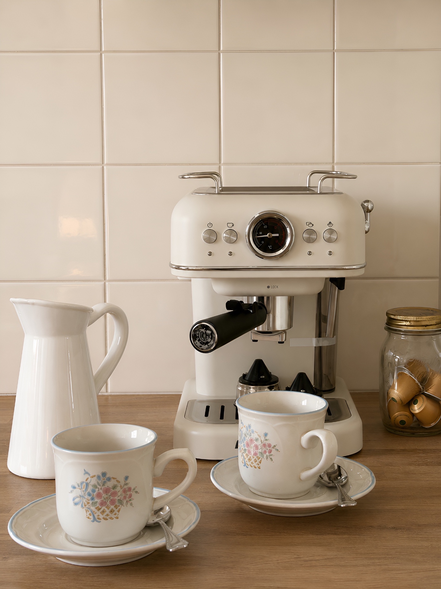 Cream espresso machine with floral teacups on the counter