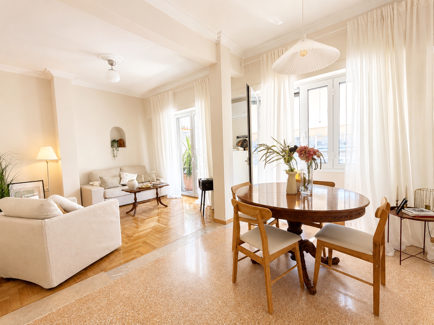 Living and dining area with terrazzo floor